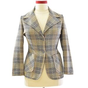 70s Vintage Plaid Knit Blazer Womens M 8 Jack Winter Taupe Equestrian Jacket